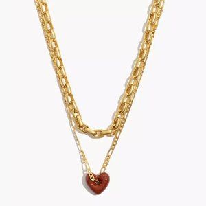 Madewell Layered Brown Gold Chunky Chain Heart Necklace Jewelry Set